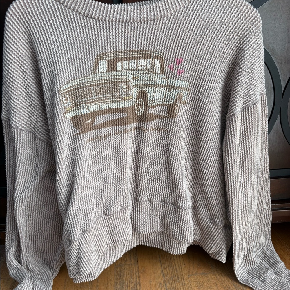 Dry Goods Gray Sweater with Vintage Car Design